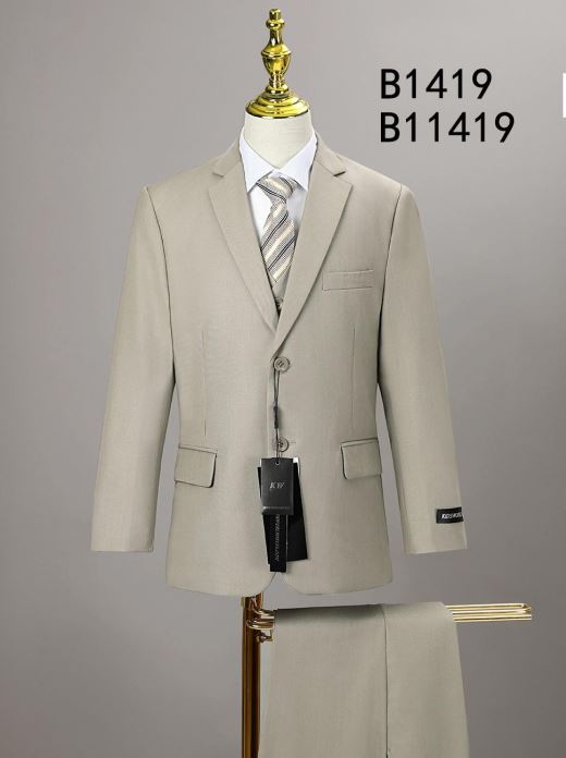 A BOY SUIT 5-PC SET B1419 by Unique Design Menswear is shown on a mannequin, including a beige jacket, pants, vest, white shirt, and striped tie. "B1419 B11419" is displayed in the background. Perfect formalwear for boys.