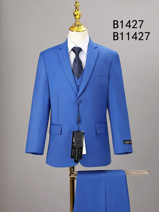 The Unique Design Menswear BOY SUIT 5-PC SET B1427, shown on a mannequin, is a stylish blue outfit ideal for boys' formal occasions.