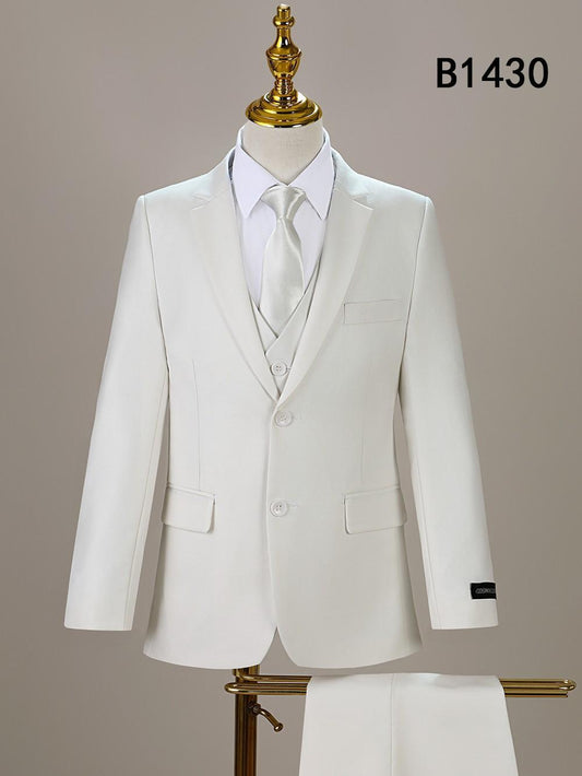 The BOY SUIT 5-PC SET B1430 by Unique Design Menswear is displayed on a mannequin with a matching tie against a neutral background, with "B1430" in the top right corner.