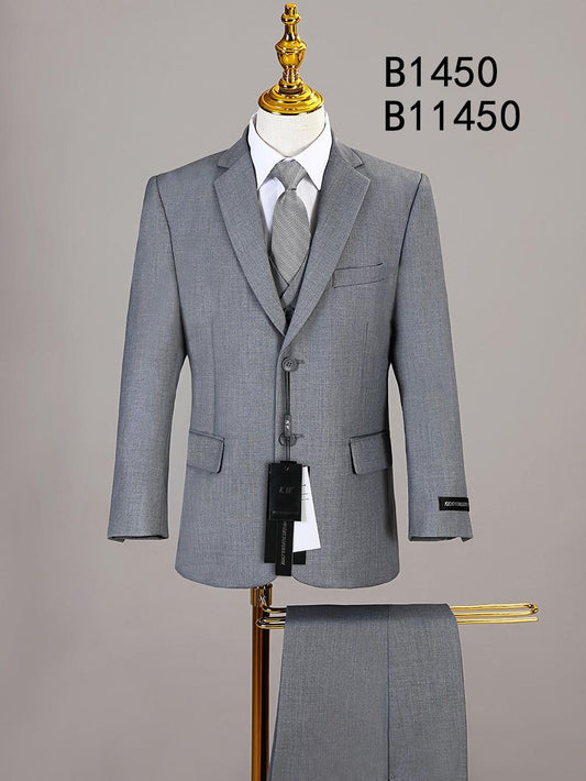 A light gray BOY SUIT 5-PC SET B1450 by Unique Design Menswear, with matching tie and white shirt, is displayed on a mannequin. Suit trousers are draped below. Product code B1450 is shown.
