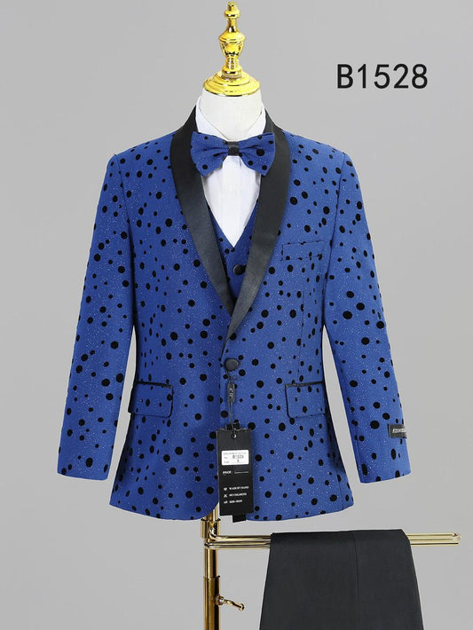 The BOY SUIT 5-PC SET B1528 by Unique Design Menswear features a blue polka dot jacket with black satin lapels, matching bow tie and vest—stylishly displayed on a mannequin.