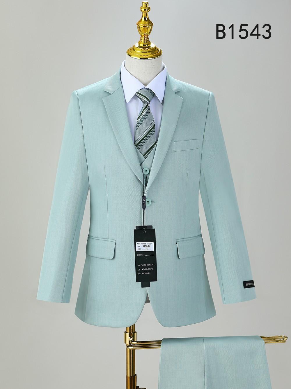 The BOY SUIT 5-PC SET B1543 by Unique Design Menswear features a light blue notch lapel jacket, white shirt, striped tie, and matching pants—perfect formal wear for boys. Displayed on a mannequin.