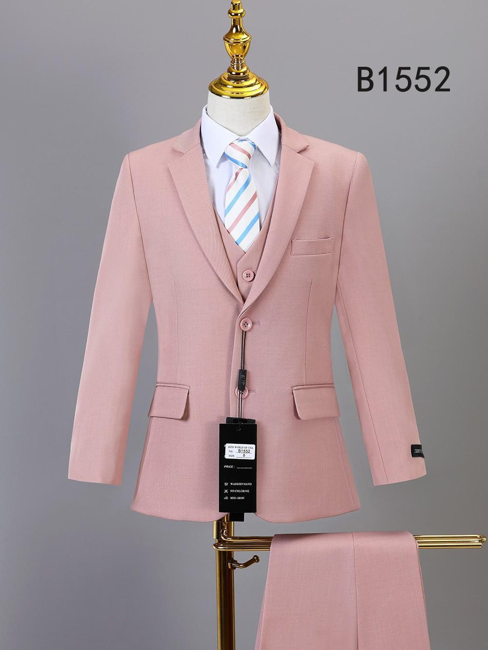 The BOY SUIT 5-PC SET B1552 by Unique Design Menswear features a light pink suit, vest, white shirt, and pastel striped tie, displayed on a mannequin. Ideal for boys' formal wear and shown in the upper right.