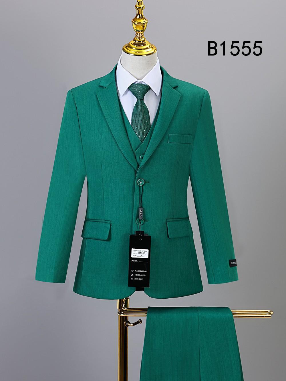 The Unique Design Menswear BOY SUIT 5-PC SET B1555 in green features a jacket, vest, white shirt, green tie, and matching trousers on a mannequin—ideal formal wear for boys.