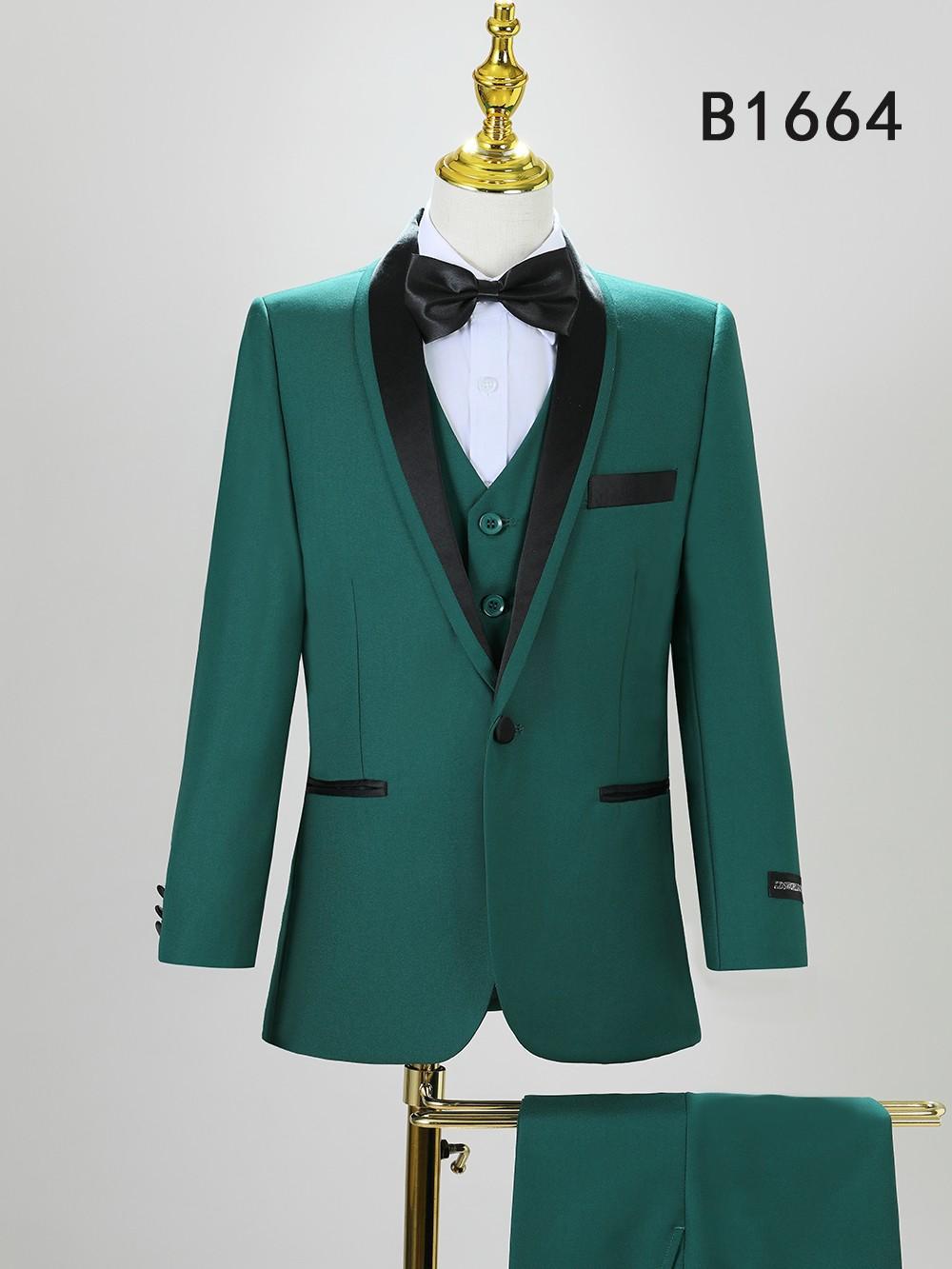 BOY SUIT 5-PC SET B1664 by Unique Design Menswear: Green suit with black lapels, black bow tie, and white shirt on a mannequin. Includes matching green jacket, pants, and vest. "B1664" shown in the top right corner.