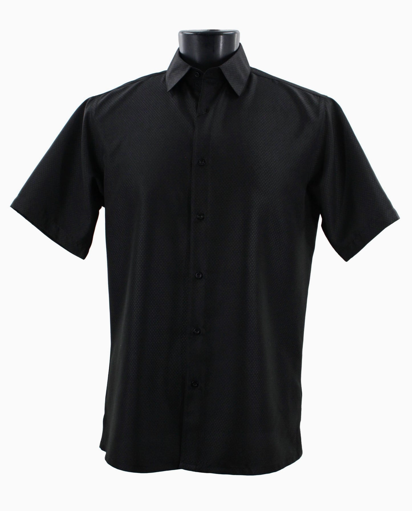 The Bassiri Short Sleeve Shirt B2026 Black, crafted by the renowned brand Bassiri, is elegantly showcased on a display mannequin against a crisp white background.