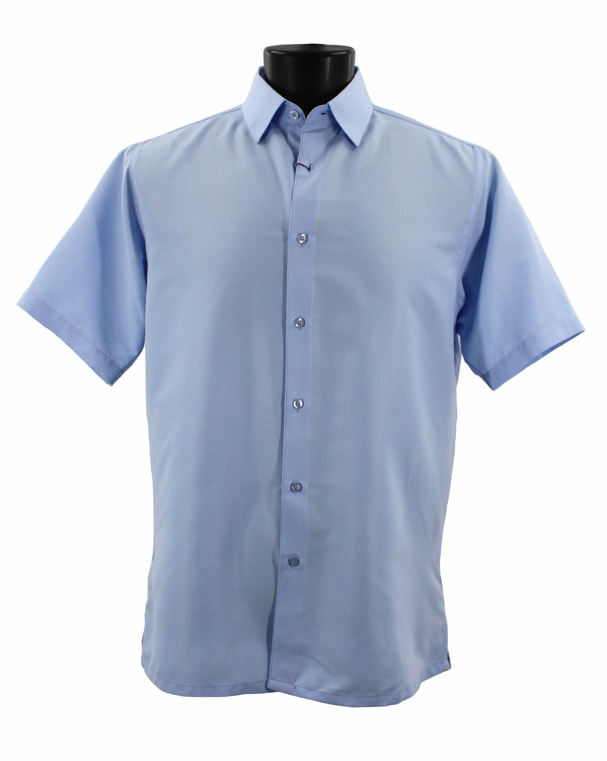 Bassiri Short Sleeve Shirt B2026 Blue on a black stand, front view.