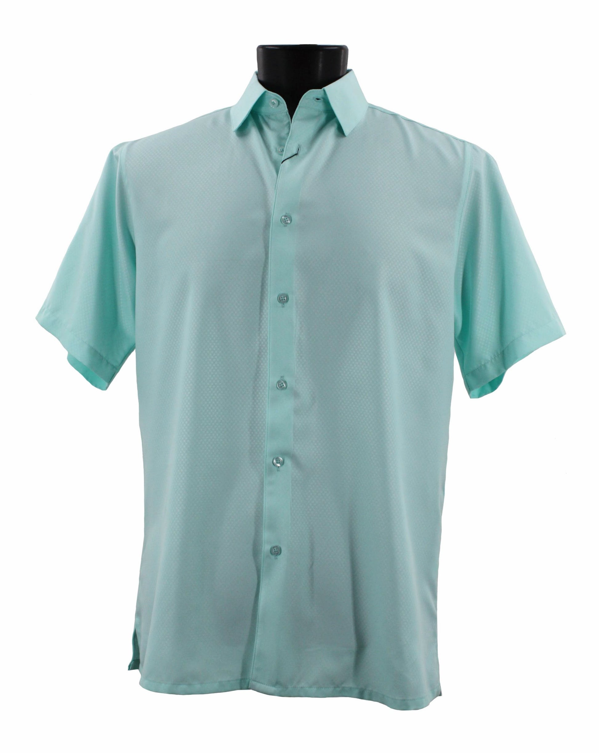 The Bassiri Short Sleeve Shirt B2026 Sea Green, featuring a regular fit and short sleeves, is displayed on a black mannequin stand against a pristine white background.