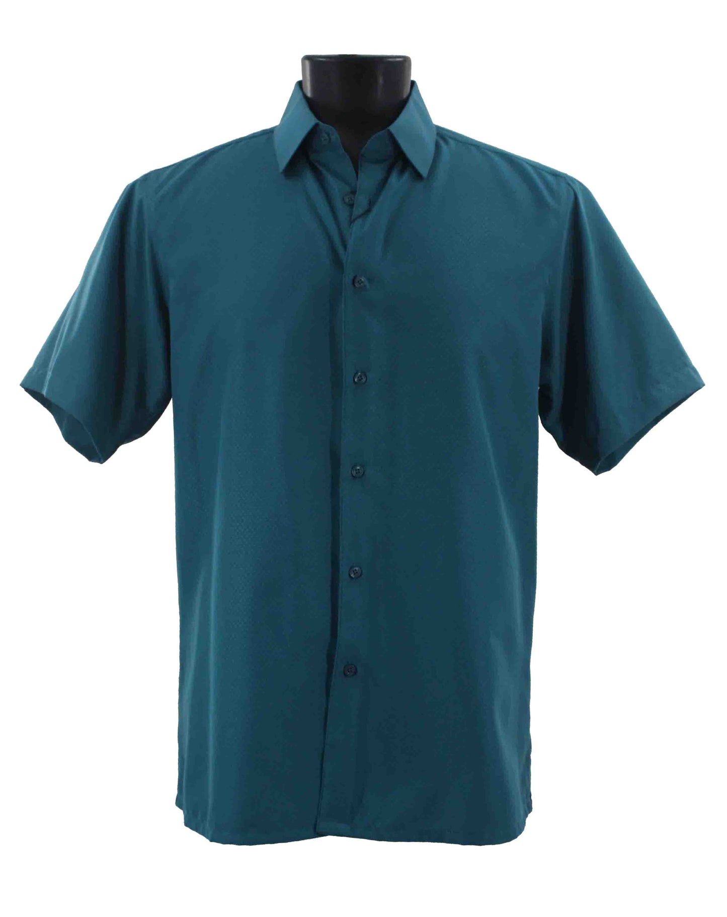 The Bassiri Short Sleeve Shirt B2026 Teal is gracefully showcased on a black mannequin.
