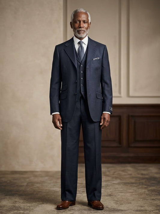 A distinguished older man with gray hair and a beard stands in a room, dressed in the Tiglio Rosso “BASITO” Navy Wide Leg Pure Wool Suit & Vest (E09063-25). His ensemble, featuring the sophisticated wide-leg suit pants made from 100% wool and complemented by a vest, tie, and brown shoes, adds timeless elegance to his refined appearance.