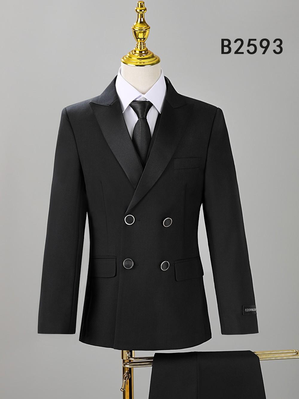 Unique Design Menswear BOY SUIT 5-PC SET B2593: Black double-breasted jacket with satin lapels, white shirt, black tie, and matching pants on mannequin. “B2593” appears in the top right corner.