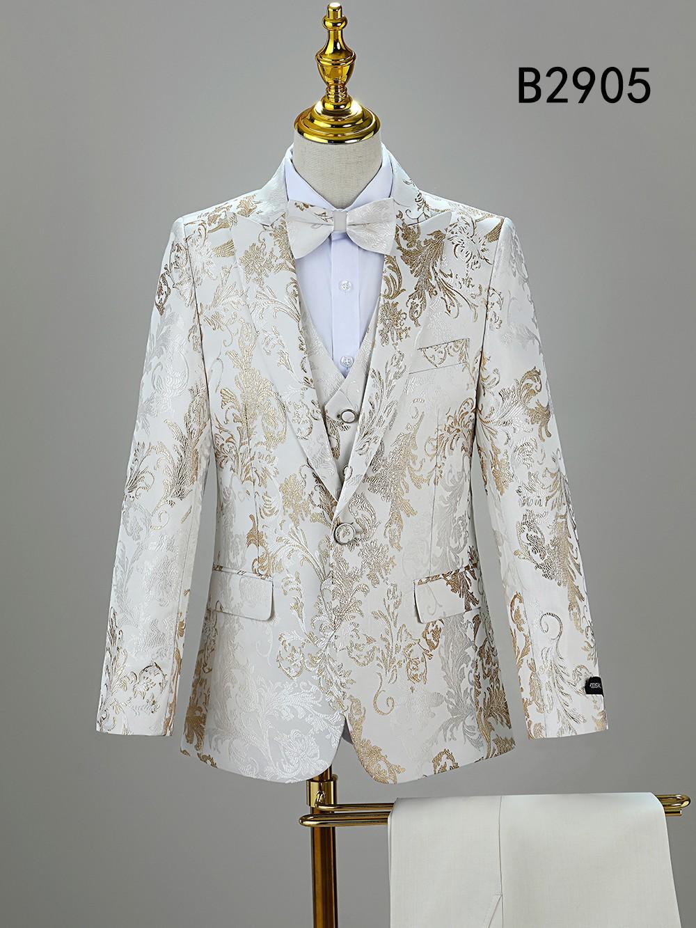 The BOY SUIT 5-PC SET B2905 by Unique Design Menswear is a white and gold patterned formal outfit for boys, complete with bow tie, shown on a mannequin.