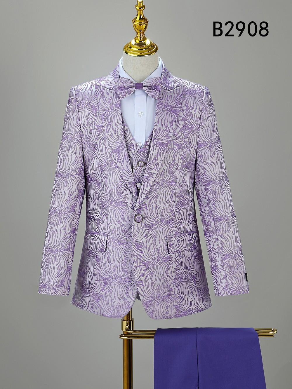 The BOY SUIT 5-PC SET B2908 by Unique Design Menswear features a lavender and white pattern with matching bow tie, vest, and lavender pants—classic kids’ formal wear displayed on a mannequin.