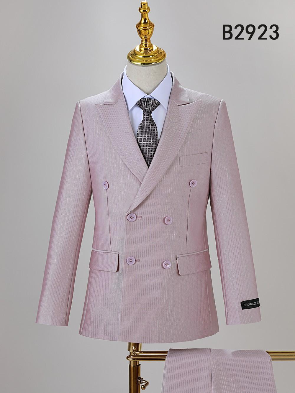The BOY SUIT 5-PC SET B2923 by Unique Design Menswear features a light pink double-breasted jacket, matching trousers, white dress shirt, and patterned tie, displayed on a mannequin. "B2923" is shown in the top right corner.