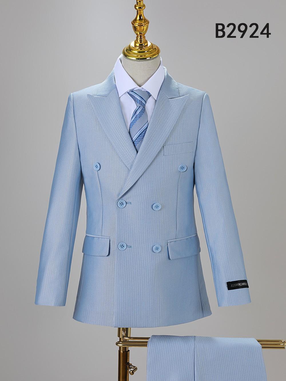 The BOY SUIT 5-PC SET B2924 by Unique Design Menswear is shown on a mannequin, featuring a light blue double-breasted jacket, white shirt, and striped tie. Product code B2924 is displayed in the top right corner.