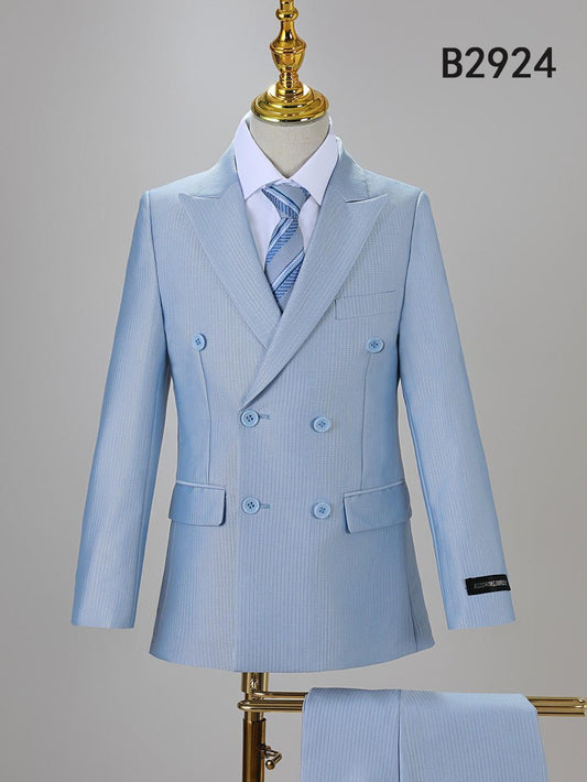 The BOY SUIT 5-PC SET B2924 by Unique Design Menswear is shown on a mannequin, featuring a light blue double-breasted jacket, white shirt, and striped tie. Product code B2924 is displayed in the top right corner.