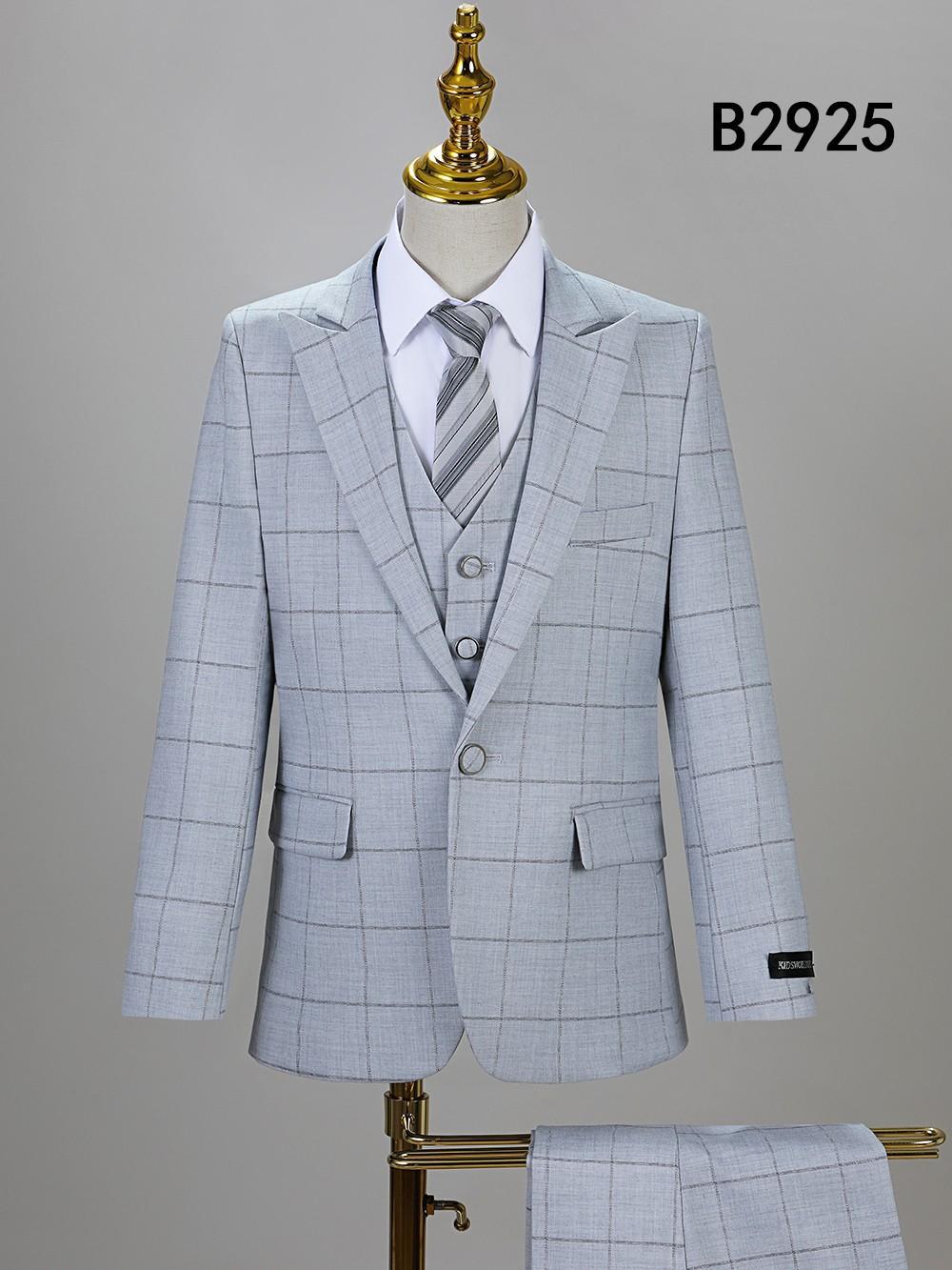 The BOY SUIT 5-PC SET B2925 by Unique Design Menswear is shown on a mannequin with jacket, pants, vest, white shirt, and striped tie. "B2925" is displayed in the top right corner.
