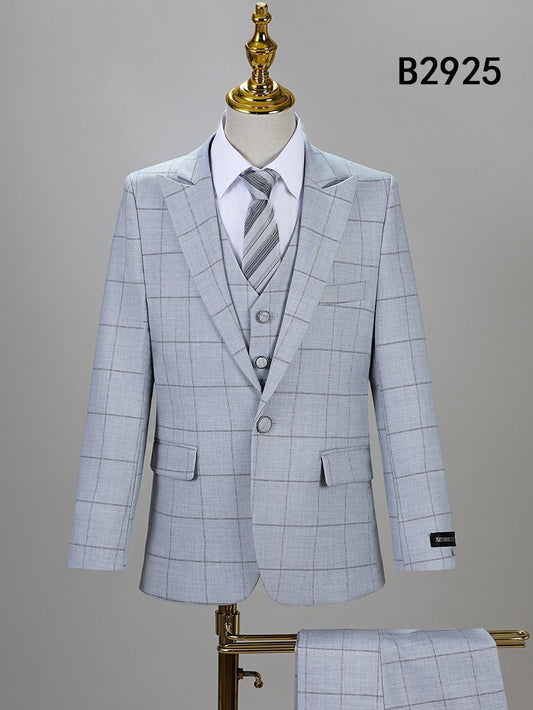 The BOY SUIT 5-PC SET B2925 by Unique Design Menswear is shown on a mannequin with jacket, pants, vest, white shirt, and striped tie. "B2925" is displayed in the top right corner.