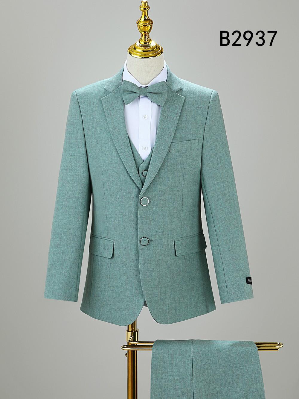 The BOY SUIT 5-PC SET B2937 by Unique Design Menswear features a light green blazer, vest, pants, and includes a white shirt and matching bow tie—perfect for boys' formal wear. Code "B2937" shown at the top right.