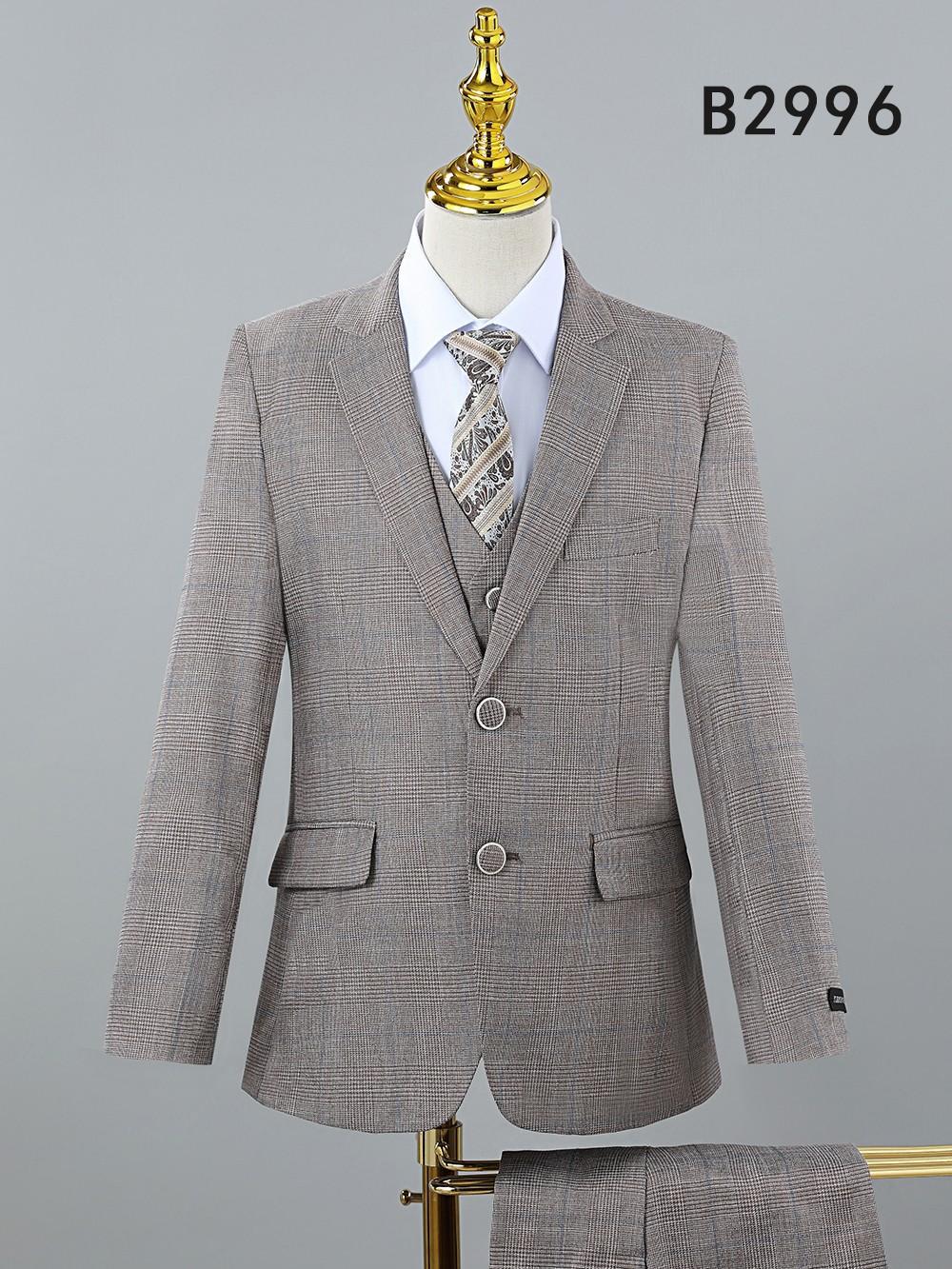 Light gray plaid BOY SUIT 5-PC SET B2996 by Unique Design Menswear shown on a mannequin, includes a matching vest, white dress shirt, and patterned tie. Suit code "B2996" is in the top right corner.