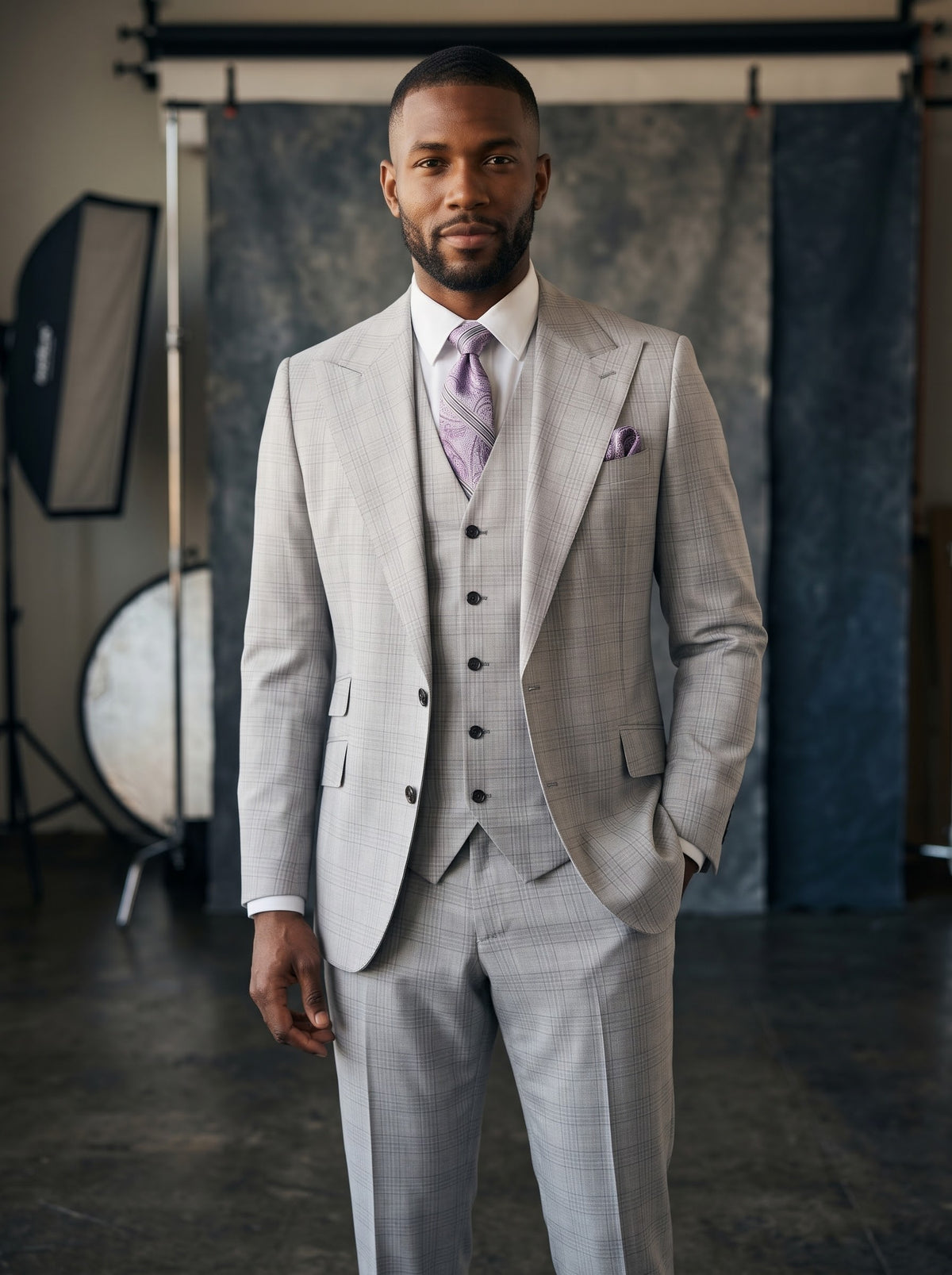 A man wearing a Tiglio Luxe Antibes Grey/Lilac Plaid Semi Wide Leg Suit TL8059, a luxury three-piece grey plaid suit with a white shirt, patterned lilac tie, and matching pocket square.