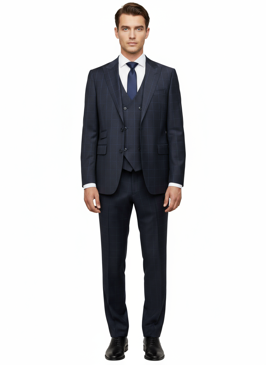A man stands facing forward against a plain white background, wearing the Tiglio Luxe Black With Blue Windowpane Prosecco Modern Fit Pure Wool Suit and Vest (TL2004) by Tiglio Luxe, paired with a white dress shirt, navy tie, and black dress shoes.