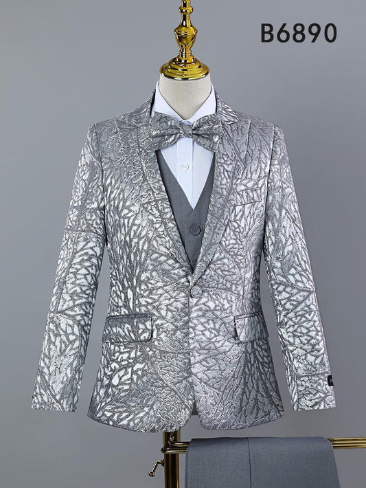 A BOY SUIT 5-PC SET B6890 by Unique Design Menswear, featuring a silver patterned jacket, vest, pants, and matching bow tie, is displayed on a mannequin; "B6890" appears in the top right corner.