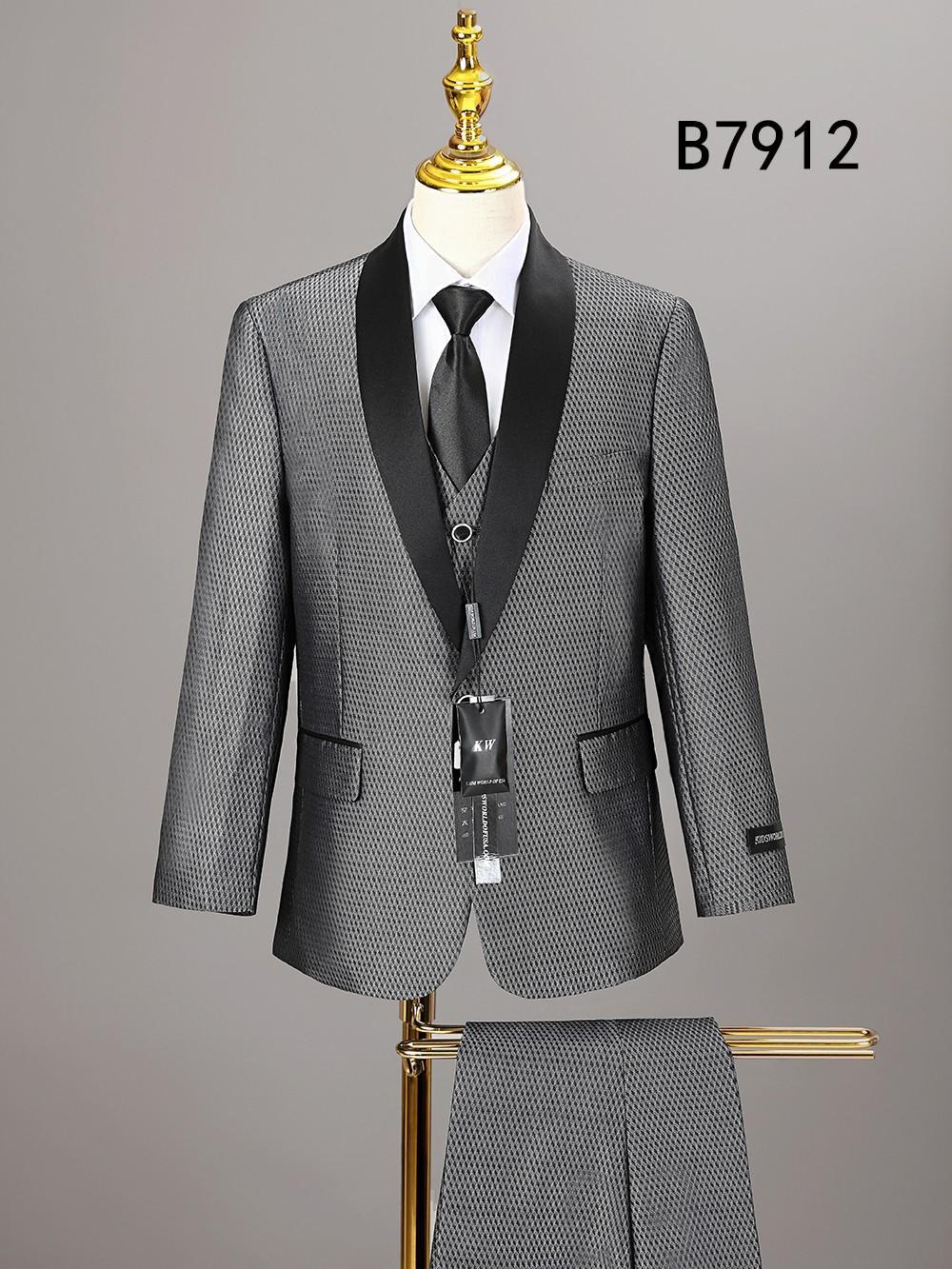 The Unique Design Menswear BOY SUIT 5-PC SET B7912, featuring a grey patterned jacket with black satin shawl lapels, vest, pants, white shirt, and black tie, is displayed on a mannequin. Item code B7912 appears at the top right.