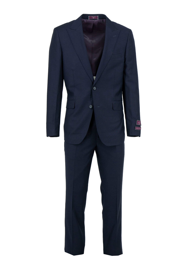 The Tiglio Luxe New Blue Barbaresco Slim Fit Pure Wool Men’s Suit TIG1036, a single-breasted two-piece set with blazer and trousers, showcases tailored men’s fashion by Tiglio Luxe against a white background.