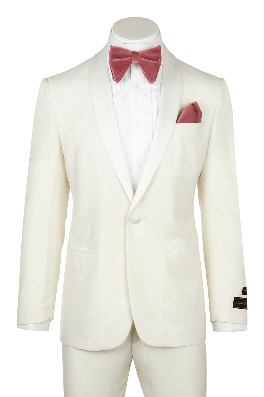 The Tiglio Luxe Beckham Modern Fit Off White Pure Wool Tuxedo from Tiglio Luxe, featuring satin lapels and crafted from luxury Italian fabric, is paired with a white dress shirt, a pink velvet bow tie, and a matching pink pocket square—all presented on a headless mannequin.