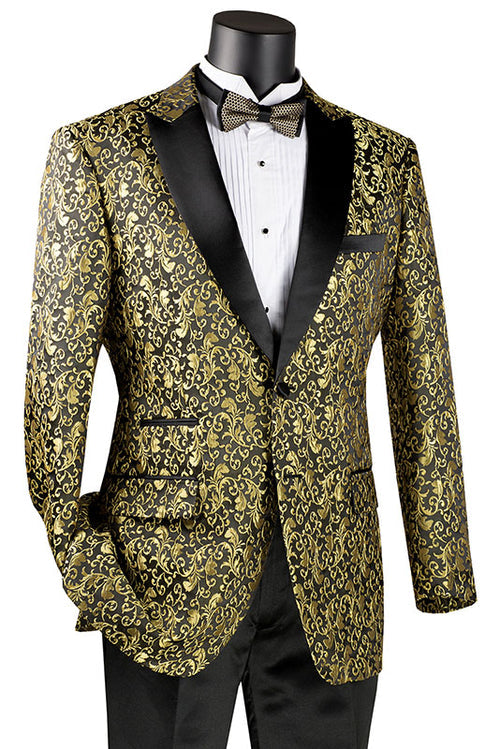 The Vinci Suits Regular Fit Floral Pattern Jacket Peak Lapel Gold BF-2, featuring a gold and black floral design, is showcased on a mannequin over a white dress shirt and paired with a black bow tie.