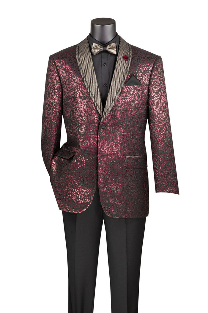 A mannequin showcases Vinci Suits' Regular Fit Jacket with Dots Lapel, BF-6, in burgundy, paired with a black shirt and a matching black and beige bow tie.