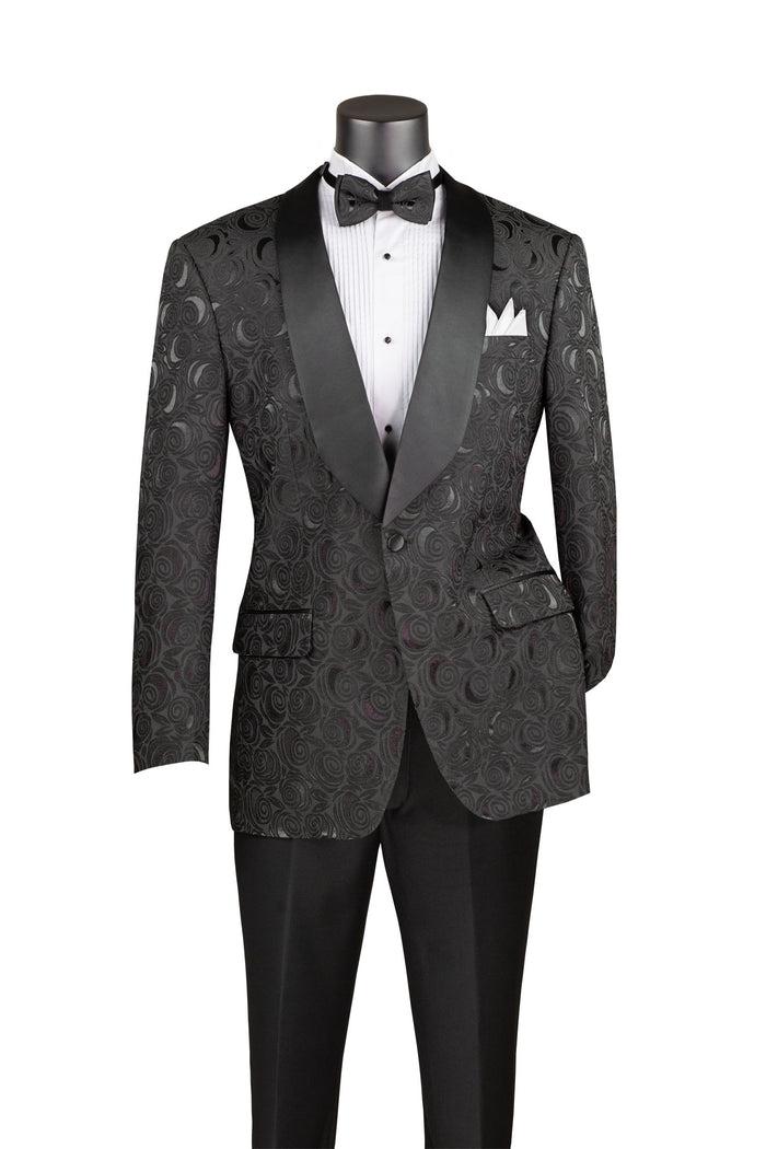A black mannequin elegantly models the Vinci Suits Regular Fit Blazer Shawl Lapel with Matching Bow Tie Black BF-8. The look is completed with a white dress shirt, black bow tie, pocket square, and sophisticated shawl lapel for added flair.