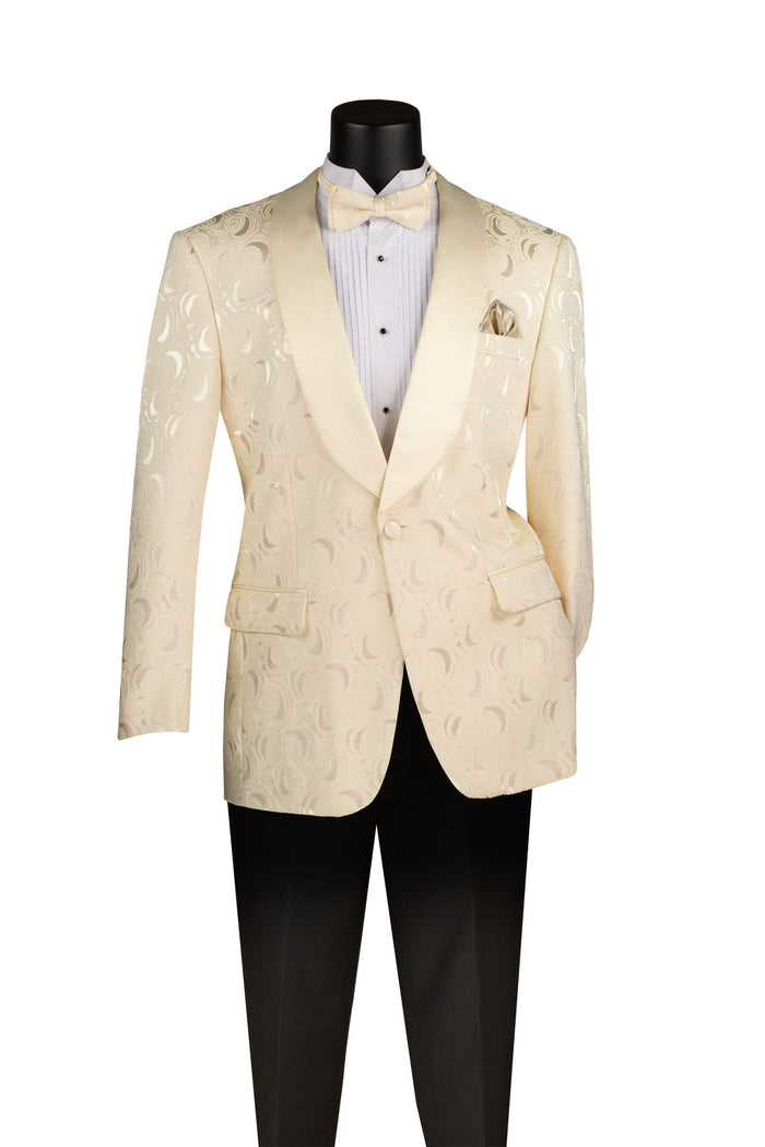Displayed on a mannequin against a white backdrop, Vinci Suits' Regular Fit Blazer Shawl Lapel with Matching Bow Tie in Light Champagne BF-8 showcases a textured floral jacquard pattern, elegantly paired with a crisp white dress shirt and sleek black pants.