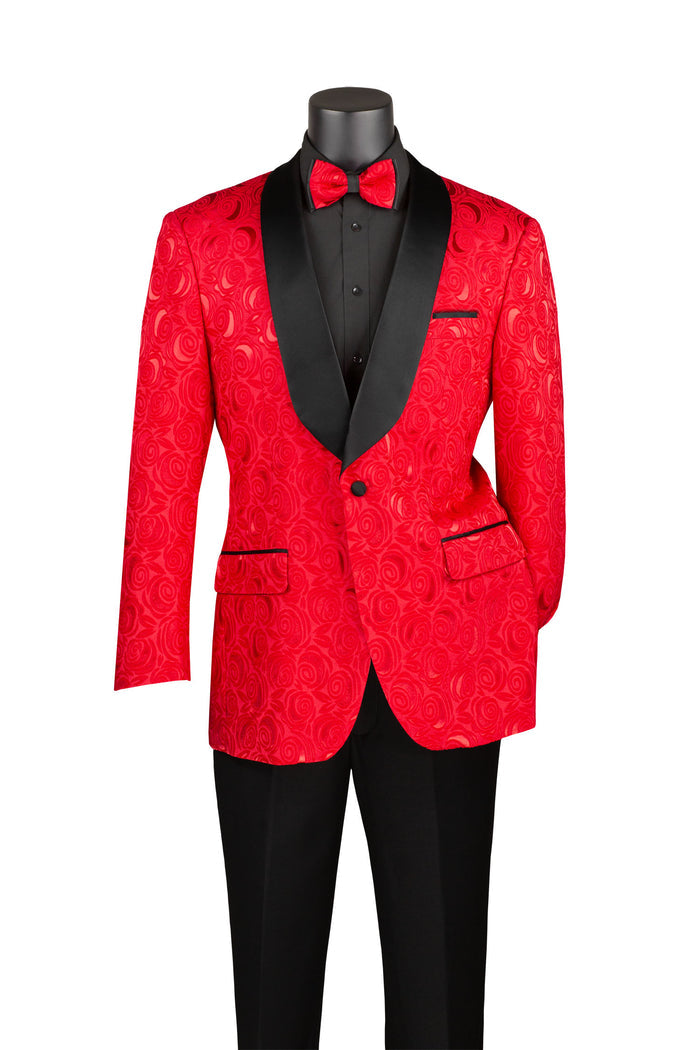 The mannequin is dressed in a Vinci Suits ensemble: the Regular Fit Blazer Shawl Lapel with Matching Bow Tie Red BF-8, featuring a red floral jacquard pattern, paired with a black shirt and sleek black pants.