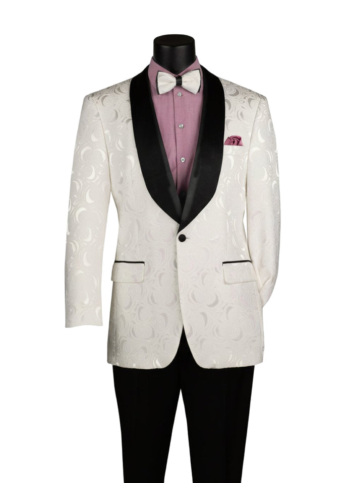 A mannequin wears the Vinci Suits Regular Fit Blazer Shawl Lapel with Matching Bow Tie White BF-8, styled with a mauve shirt, black pants, and mauve pocket square.