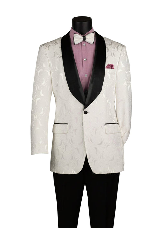A mannequin wears the Vinci Suits Regular Fit Blazer Shawl Lapel with Matching Bow Tie White BF-8, styled with a mauve shirt, black pants, and mauve pocket square.
