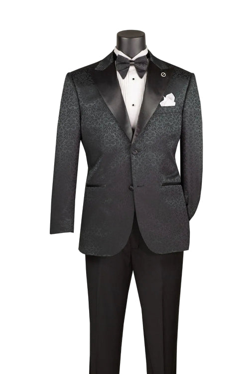 Regular Fit Black Floral Jacquard Peak Lapel Blazer BF-9 by Vinci Suits, styled with a white shirt, black bow tie, and pocket square—shown on a mannequin against a white background.