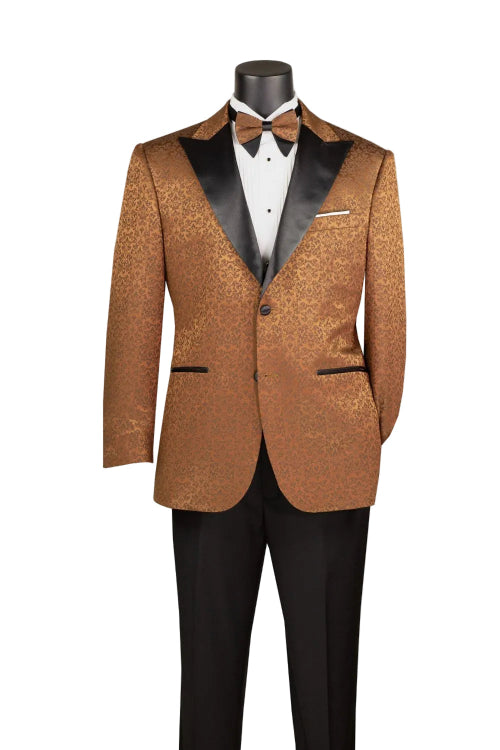 Mannequin dressed in Vinci Suits Regular Fit Brown Floral Jacquard Peak Lapel Blazer BF-9 with white shirt, black bow tie, and black trousers.