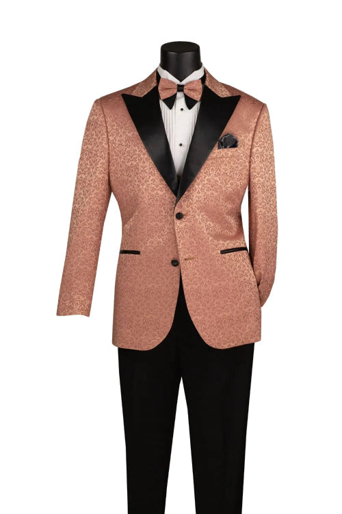 A mannequin showcases the Vinci Suits Regular Fit Clay Floral Jacquard Peak Lapel Blazer BF-9 with black pants, a matching bow tie, and a white dress shirt.