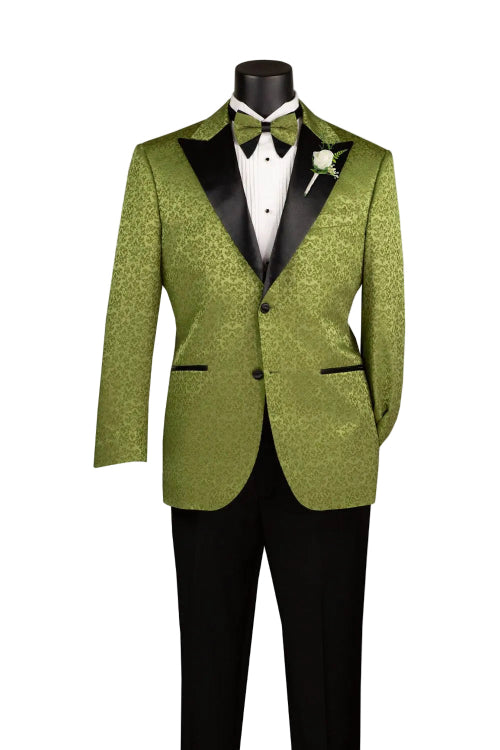 Regular Fit Pesto Floral Jacquard Peak Lapel Blazer BF-9 by Vinci Suits with black satin lapels, black pants, white shirt, green bow tie; boutonniere on left lapel, right hand inside jacket.