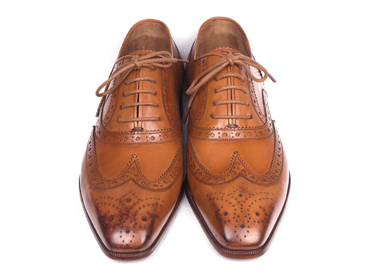 Paul Parkman Wingtip Oxfords Cognac - 5447-CGN: Men's brown hand-burnished leather shoes with brogue details and laces, by Paul Parkman, shown on a white background.