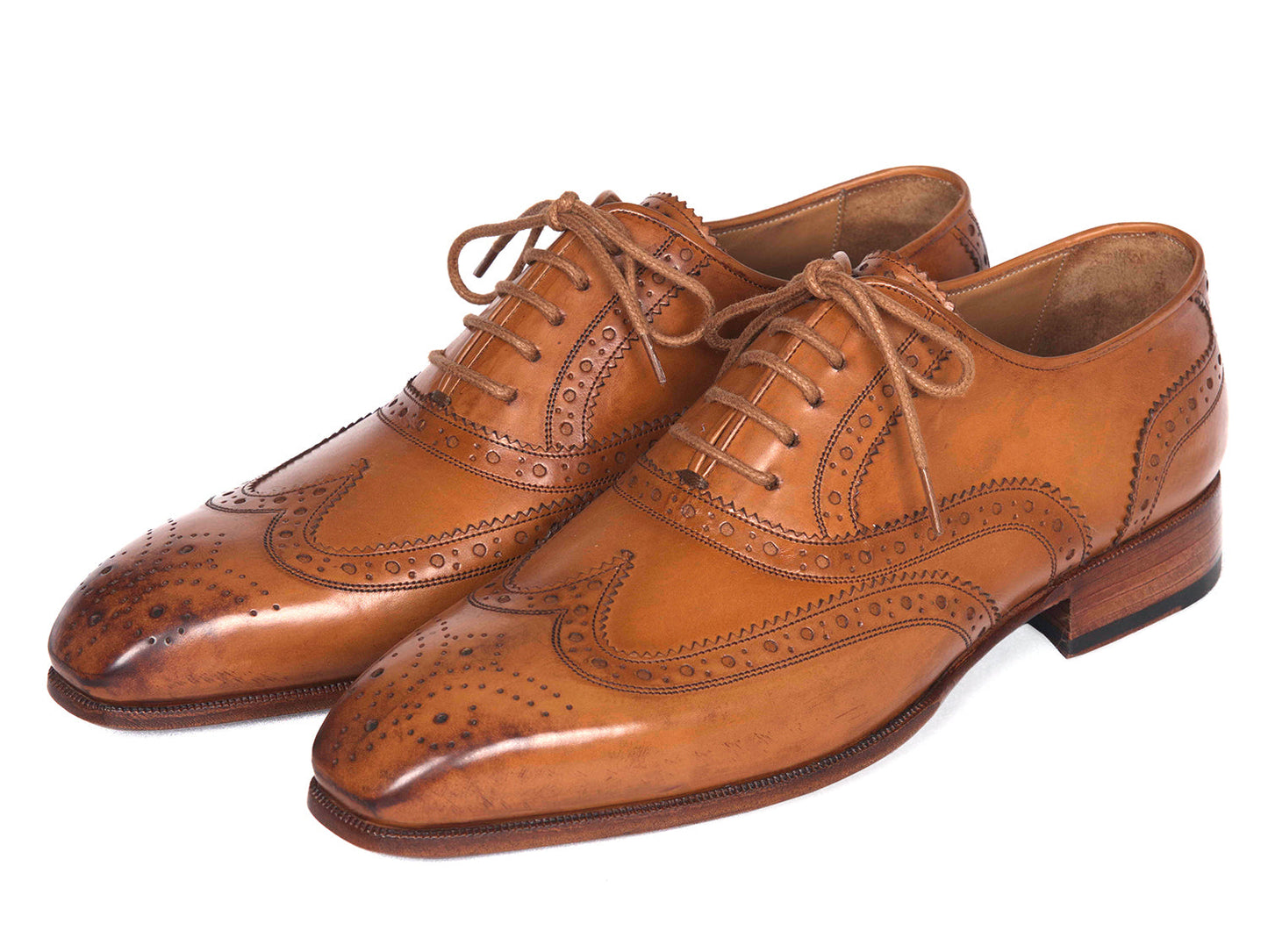 Paul Parkman Wingtip Oxfords Cognac - 5447-CGN: Men's brown hand-burnished leather shoes with brogue details and laces, by Paul Parkman, shown on a white background.