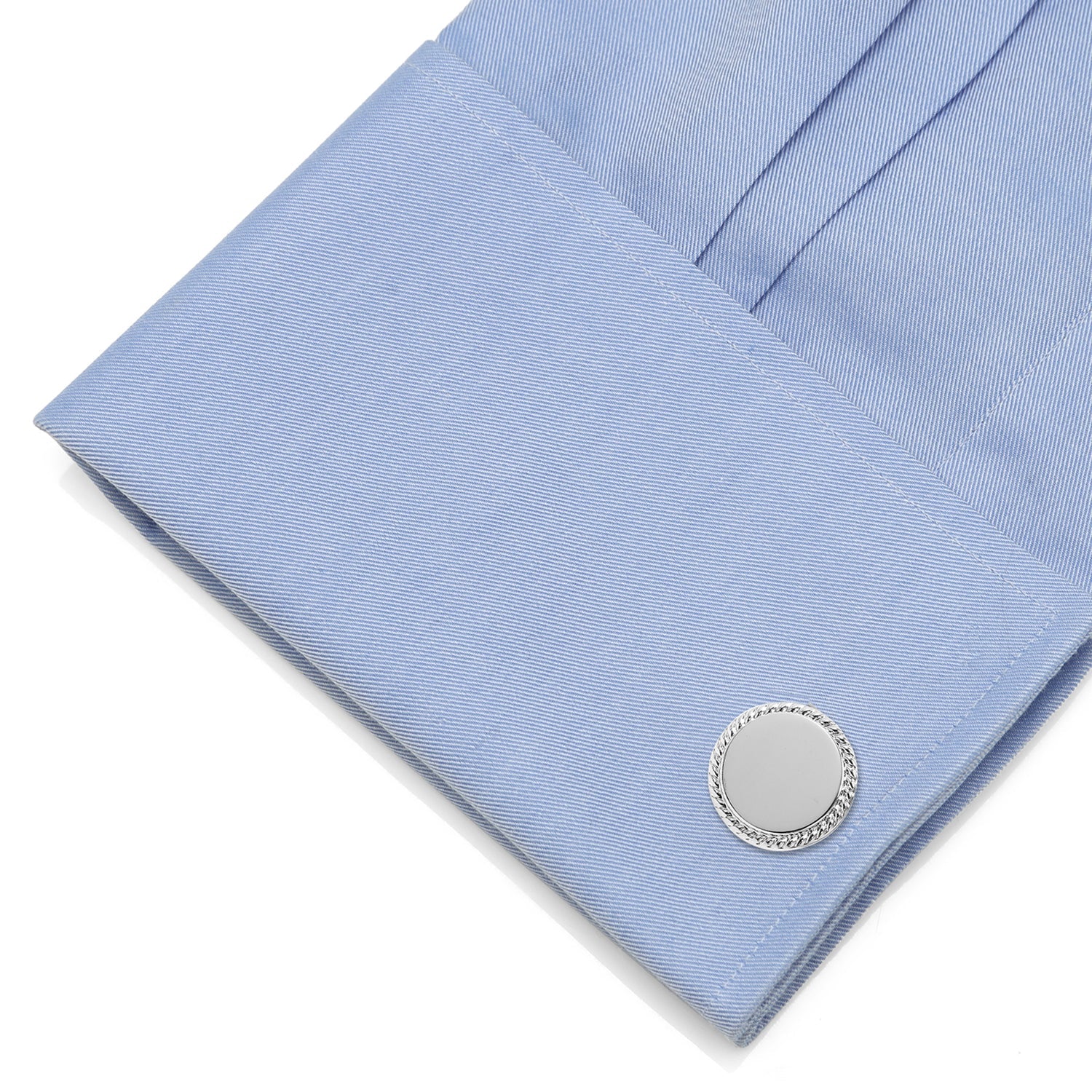The Stainless Steel Rope Border Round Engravable Cufflinks by Cufflinks.com feature smooth centers with twisted rope edges, perfect for personal engraving. Shown on a white background.