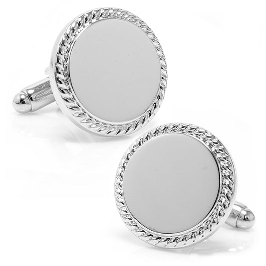 The Stainless Steel Rope Border Round Engravable Cufflinks by Cufflinks.com feature smooth centers with twisted rope edges, perfect for personal engraving. Shown on a white background.