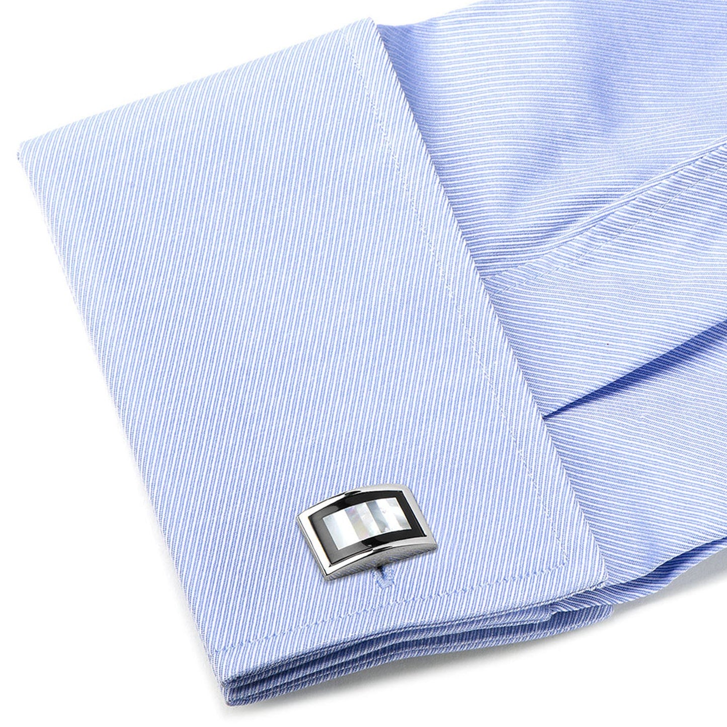 Elevate your style with Cufflinks.com's Onyx and Mother of Pearl Key Cufflinks, featuring a silver border, black trim, and an iridescent striped center—perfect for a touch of elegance.