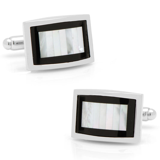 Elevate your style with Cufflinks.com's Onyx and Mother of Pearl Key Cufflinks, featuring a silver border, black trim, and an iridescent striped center—perfect for a touch of elegance.