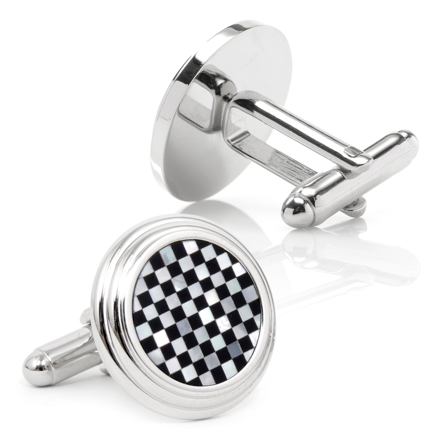 The Onyx and Mother of Pearl Checker Step Cufflinks by Cufflinks.com feature round silver design with a black and white checkerboard pattern on the faces, shown against a white background.