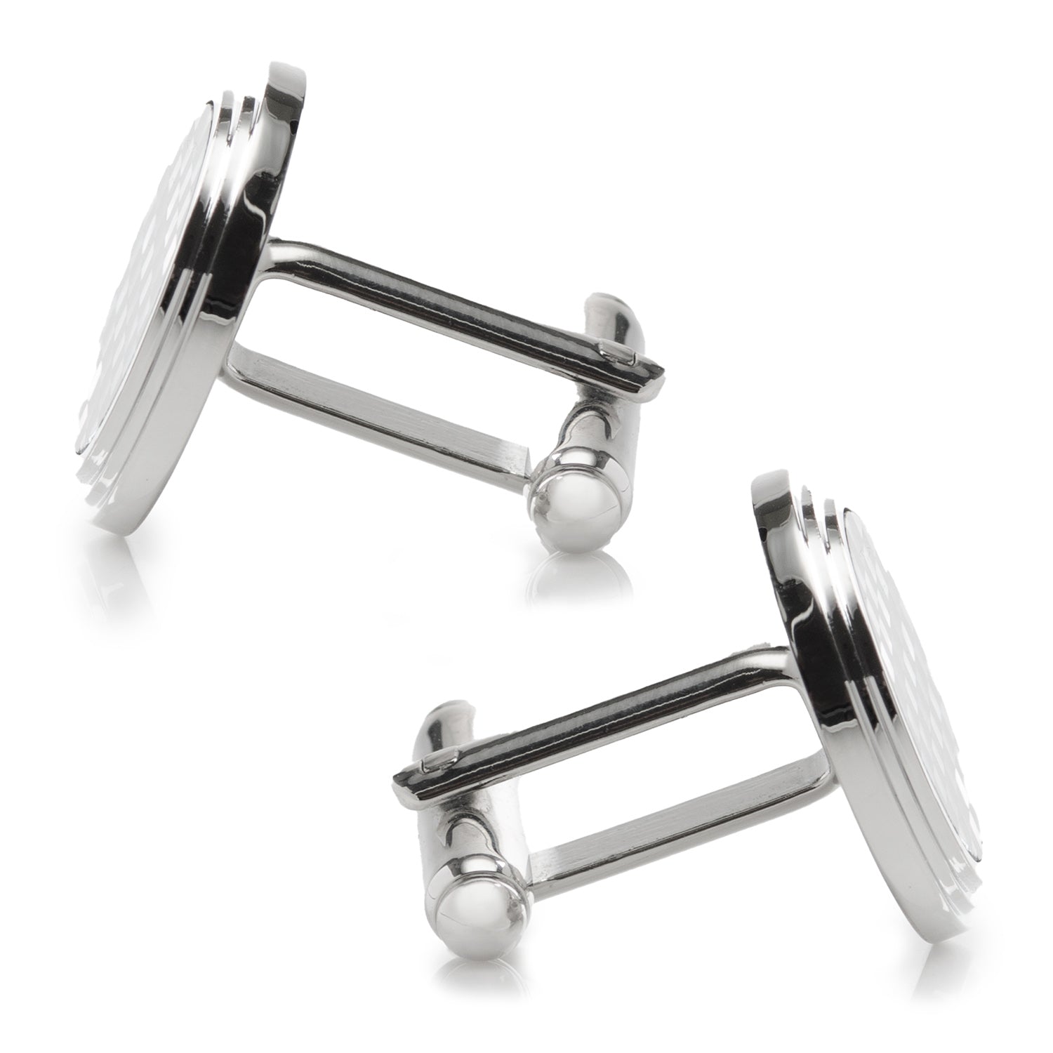 The Onyx and Mother of Pearl Checker Step Cufflinks by Cufflinks.com feature round silver design with a black and white checkerboard pattern on the faces, shown against a white background.