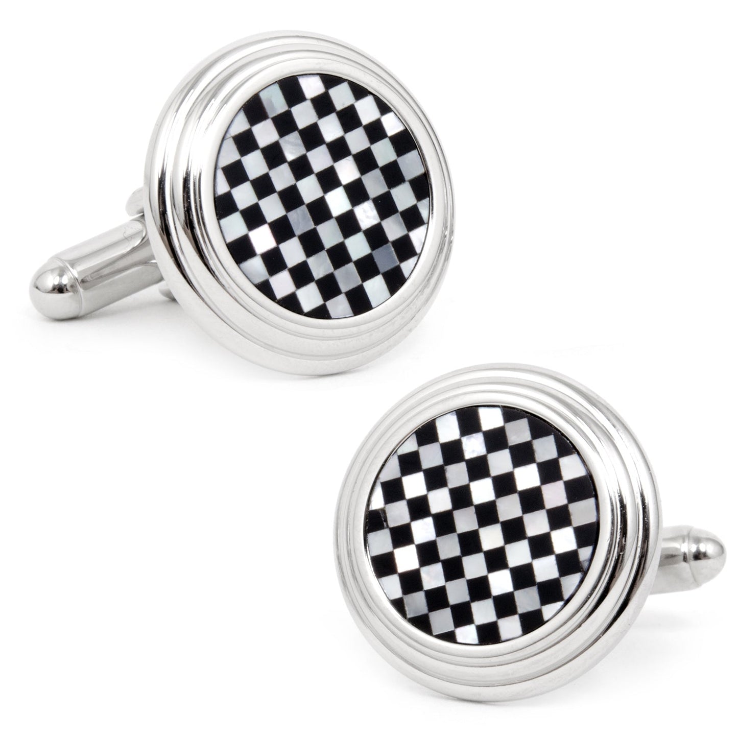 The Onyx and Mother of Pearl Checker Step Cufflinks by Cufflinks.com feature round silver design with a black and white checkerboard pattern on the faces, shown against a white background.